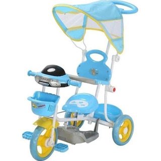 Triciclo Infantil Motoca Capota Luzes Música Empurra Azul Triciclo Infantil Motoca Capota Luzes Música Empurra Azul