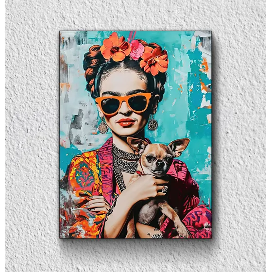Cuadro Decorativo Frida Chihuahua En Polioleo Naranja Negro
