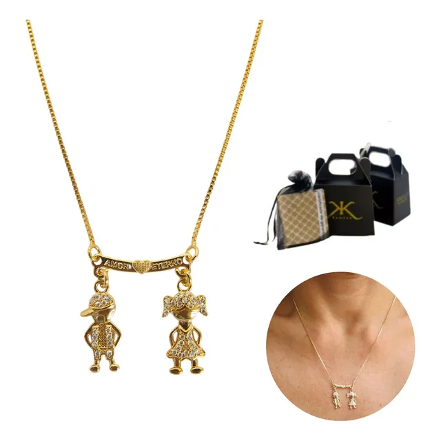 Colar De Filhos Com 2 Pingentes Menino Menina Banhado Ouro