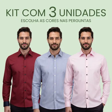 Kit 3 Camisa Social Manga Longa Luxo Slim Fit Não Amassa Mandar As Cores Nas Perguntas G