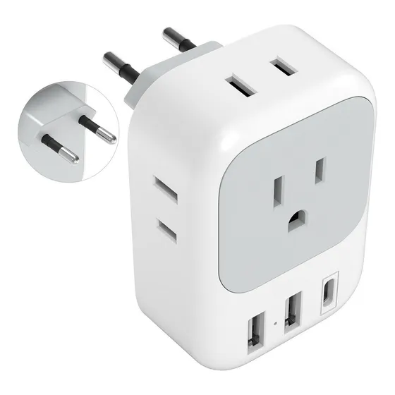 Europeo Adaptador De Corriente 4 Enchufes 1 Tipo C Y 2 Usb