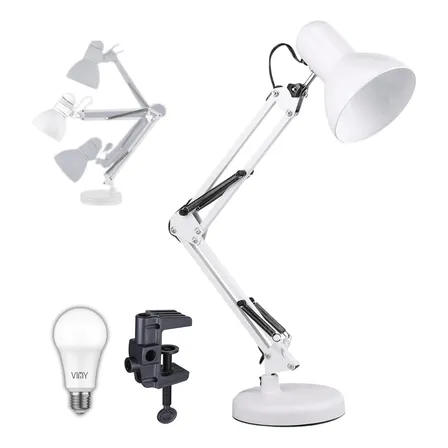 Lámpara De Escritorio Giratoria 360° Con Clip, Base Y Foco Estructura Blanco Pantalla Blanco