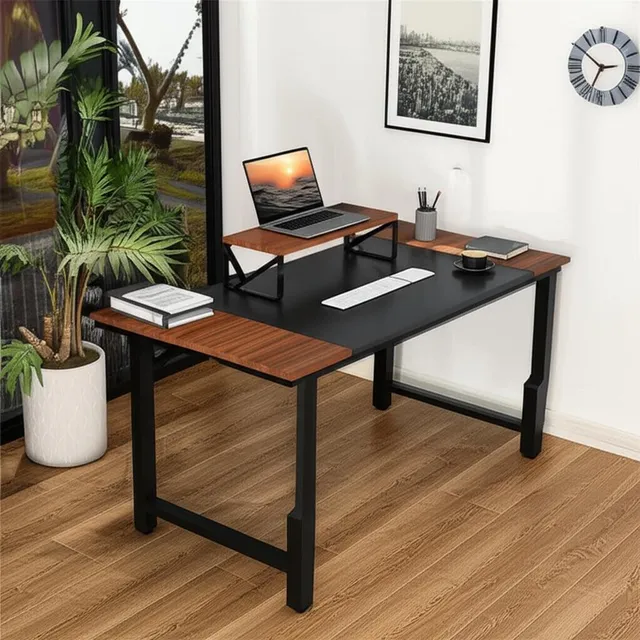 Lazydot Escritorio Gamer, Escritorio De Oficina Con Base Para Monitor, Minimalista Vintage, Superficie De 140x60x90 Cm, Elegante Café Con Negro Radahn, Para Estudio Y Trabajo