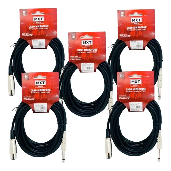 Kit 5 Cabo Microfone P10 Mono X Canon Xlr Femea 5 Metros