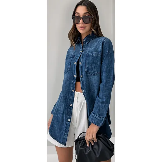 Camisa De Jean Mujer Oversize Manga Larga Mom Camisola Dama
