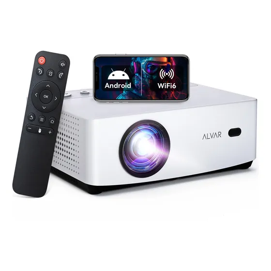 Proyector led 4k Android portatil Wifi 6 15000lm para películas al aire libre con pantalla de 100 bluetooth color blanco Alvar RV600
