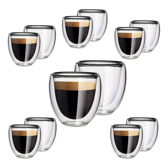 Jogo Com 12 Copos Café Parede Dupla Vidro Borossilicato 80ml