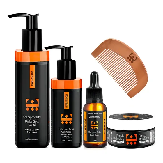 Kit para Barba Embaixador Goot Wood com 5 Peças Shampoo Óleo Balm Pente Cera