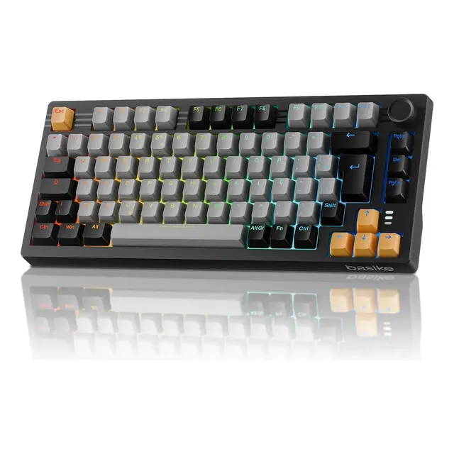Teclado Mecânico Gamer Sem Fio Basike Abnt2, 75% 82 Teclas Bluetooth/Wireless/USB, RGB Anti Ghosting Usb para Pc Notebook Mac Ps4, Preto
