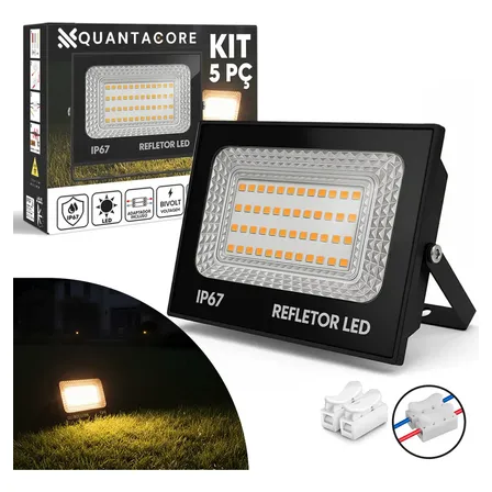 Kit 5 Refletores Led Quantacore 200w Ip67 Branco Quente 3500k E Frio 6500k 127/220v Preto