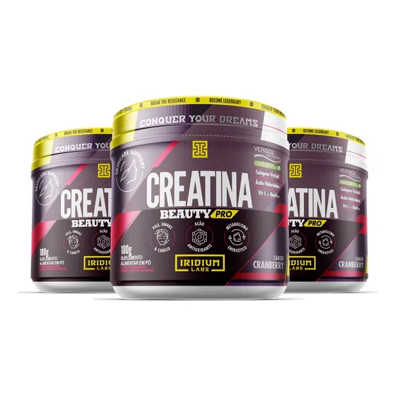 Kit 3x Creatina Beauty Pro 180g Colágeno® Ácido Hialurônico® Sabor Cranberry