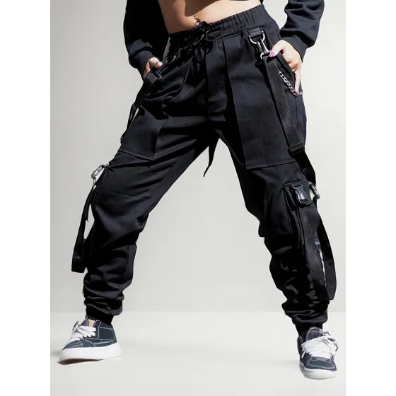 Calça Feminina Jogger Preta Com Suspensorio Corrente Sarja 