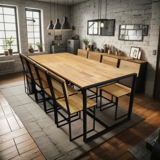Mesa Industrial 200x80 + 8 Sillas Madera Eucalipto Quincho