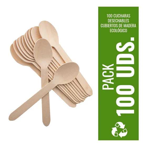 100 Cucharas Desechables Cubiertos De Madera Ecológico Color del mango Beige
