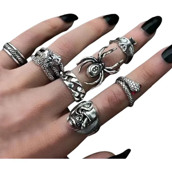 Masculino Feminina Conjunto 7 Anéis Prata Cobra Aranha Punk