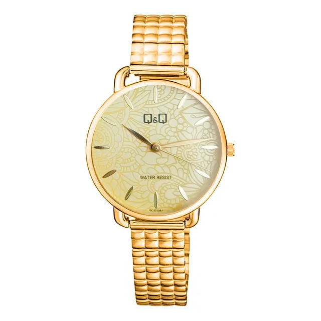 Reloj Q&q Qyq Flowers Qc27j201 Cuadritos Acero + Estuche Correa Dorado
