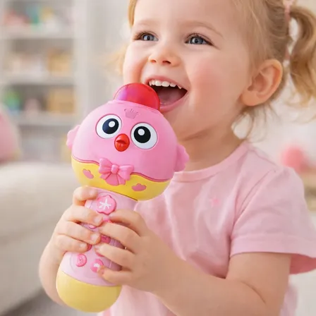 Microfone Infantil Bluetooth Karaokê Luz Som Histórias Rosa