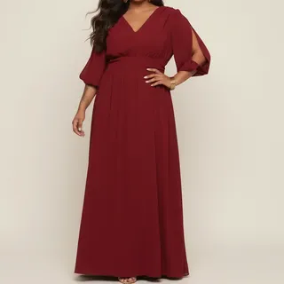 Vestido Longo Plus Size Feminino Fenda Manga 3/4 Elegante