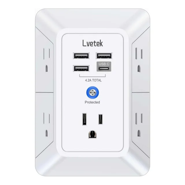 Enchufe Múltiple De Pared 5 Salidas  4 Puertos Usb (1 Usb C)