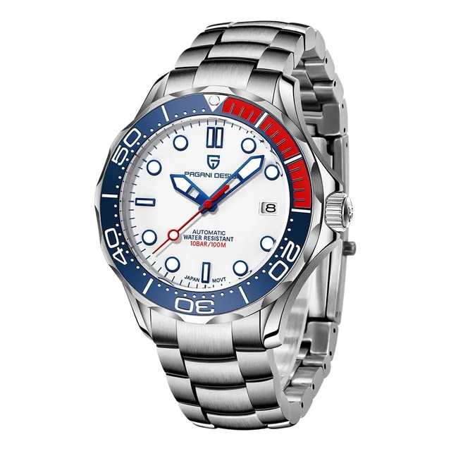 Pagani Design Pd-1667_42mm_automatic_seamaster Style_calidad Malla Plateado Bisel Plateado Fondo Blanco/rojo/azul