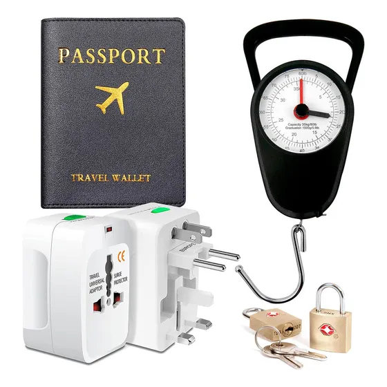 Set Viaje Porta Pasaporte+ Balanza+ Candado Adaptador El Rey