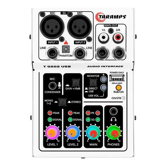 Mesa De Som Interface de Audio Stereo USB Taramps T0202 Branca 5v Led RGB Gamer Streaming Podcasts Live Gravação Studio Computador PC Notebook Placa De Som Alinhamento Phantom Power 48V RCA XLR P2 P10