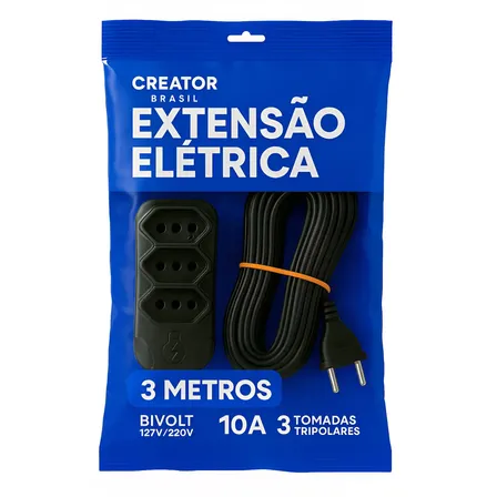Extensão Elétrica 3 Metros Preta Compacta Tripolar Energia 3 Tomadas Bivolt Creator Brasil Preto 127/220v
