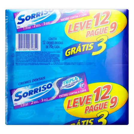 Kit 12 Creme Dental Sorriso Tripla Limpeza 70g Atacado