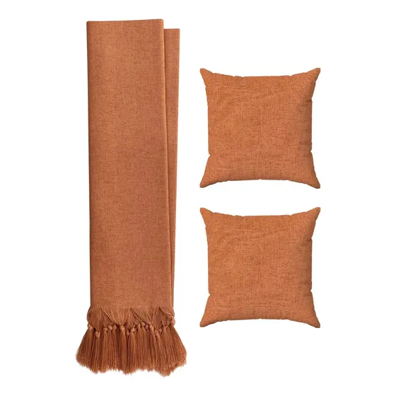 Kit Manta P/ Sofá Gigante 3 Metros Linho Terracota + 2 Capas Desenho Liso