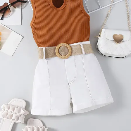 Conjunto Infantil Regata Short Com Cinto Menina Brown 3-4a