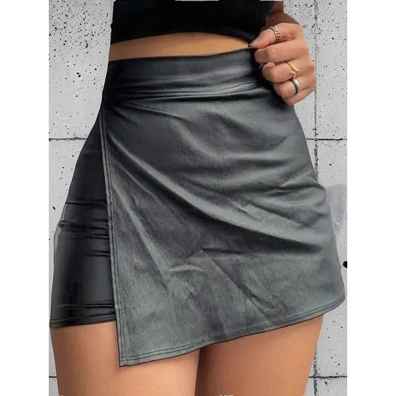 Falda Short Negra De Cuero Sintético Para Mujer