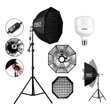 Kit Softbox 70cm Com Grid E Tripé 2 Metros E Lâmpada Luz 127/220v