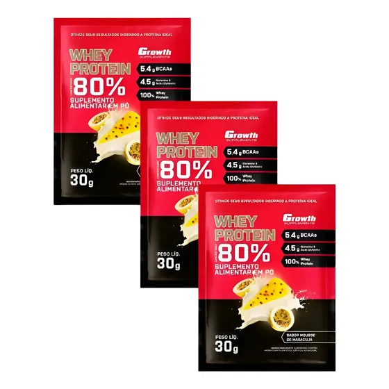 Kit 3 Saches Whey Concentrado Growth 30gr Escolha O Sabor Nf