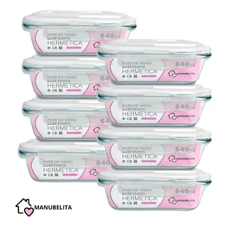 Manubelita Kit 8 Potes Vidro Hermético Marmita Mantimentos 640ml Manubelita Kit 8 Potes Vidro Hermético Marmita Mantimentos 640ml