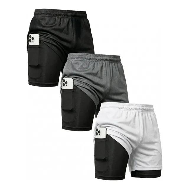 Kit 3 Shorts 2 Em 1 Duplo Bolso Para Academia Treino Corrida