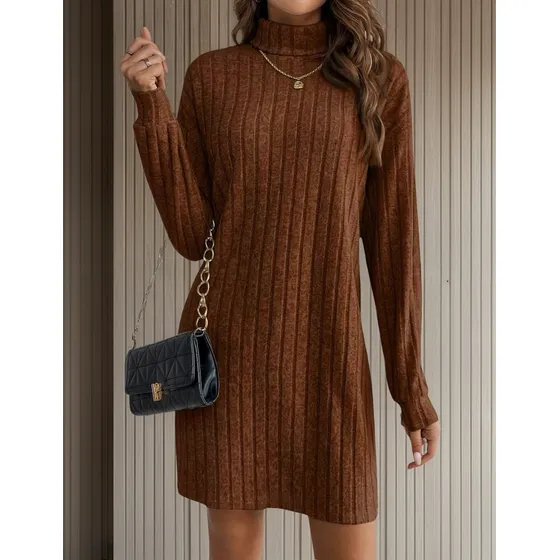Vestido De Mujer De Cuello Alto, Manga Larga, Acanalado