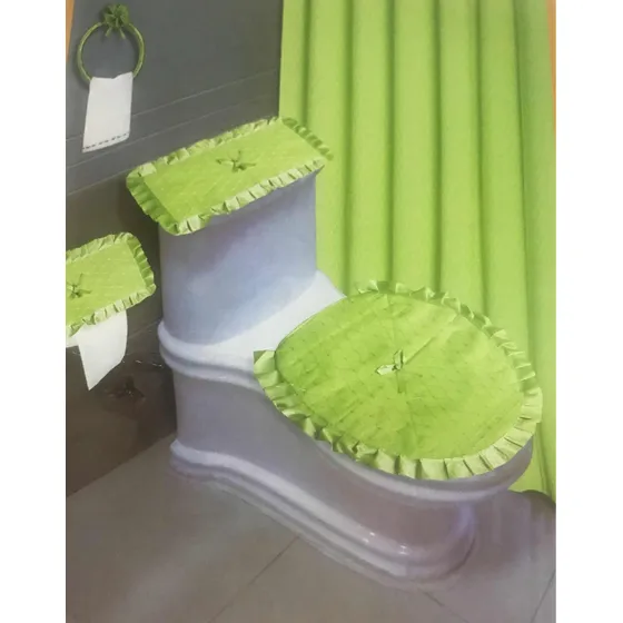 Juego De Baño Cortina Más Accesorios Dorado Y Verde Manzana