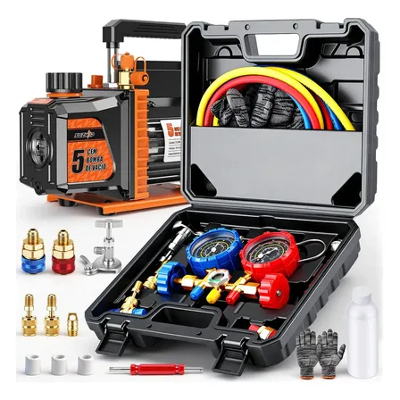 Bomba De Vacío 5cfm 5pa 1/2hp Monoetapa Y Juego Manometros Refrigeracion Mani...