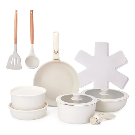Jogo De Panelas Antiaderente 17 Peças Cabo Removível E Tampa Bege