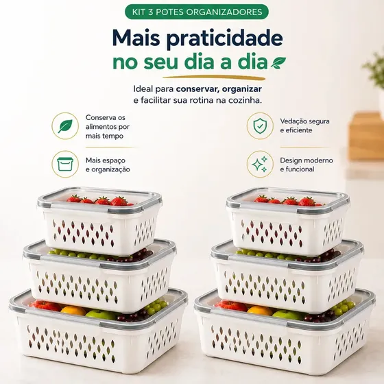Conjunto Kit 6 Organizadores Geladeira Hermético Escorredor Cesto Frutas Alimentos Verduras Legumes Dasv