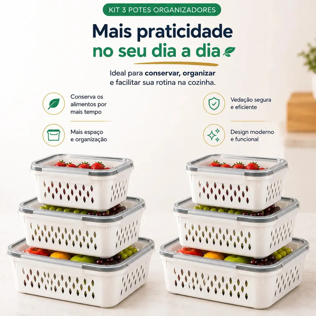 Kit 6 Potes Organizadores Hermeticos com Cesto Escorredor Dasv