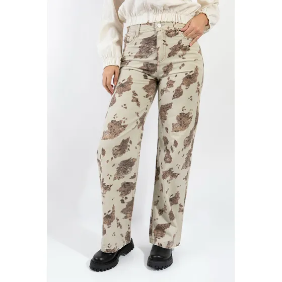 Jean Ancho Wide Leg Estampado Vaca Beige Cow Talles