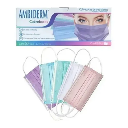 Cubrebocas Ambiderm 3 Pliegos Plisado Colores Caja 50pz Color De Colores