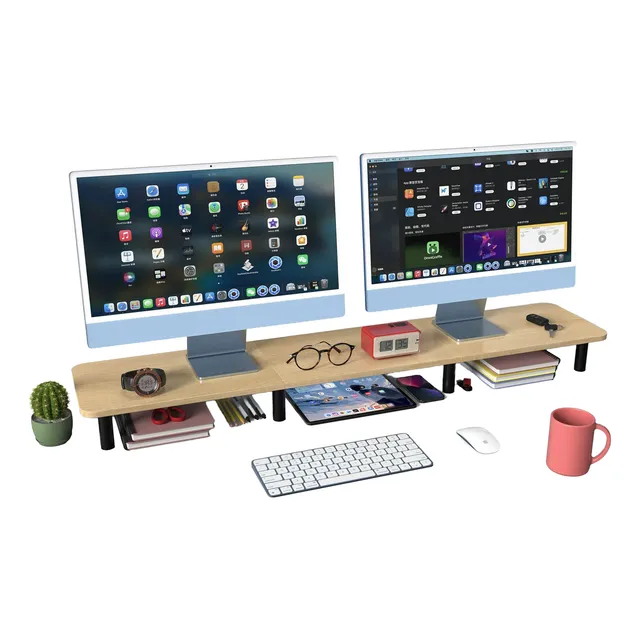 Soporte Extra Largo Para 2 Monitores Ajustable De Madera