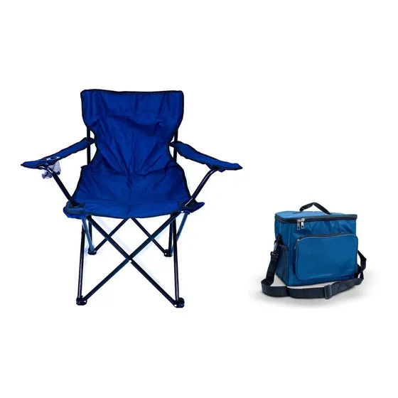 Cadeira Camping Pesca Dobrável Apoio Braços + Bolsa Térmica Cor Azul