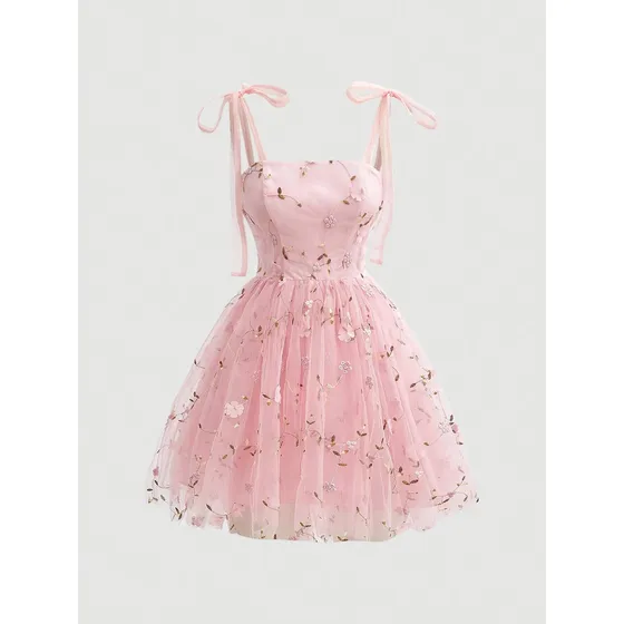 Vestido Romántico Fiesta Juvenil Flores 3d Tirantes De Moño