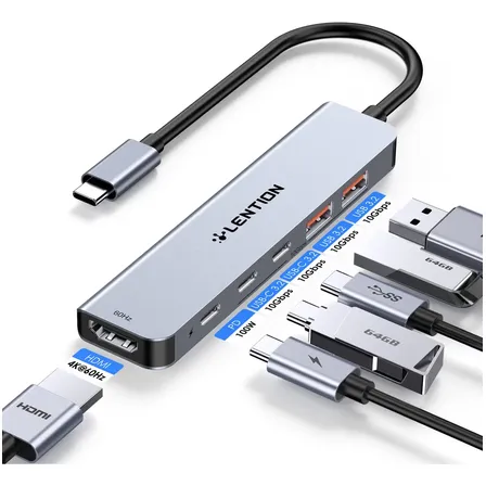 Lention Adaptador Hub Usb-c Multiporta Dongle 6 Em 1 Com 4k 60hz Hdmi 2 Usb C E 2 Usb 3.2 Gen2 10gbps Data Porta Pd 100w Para Macbook Pro M4,mac Air,iPhone 15,windows Mais Cinza