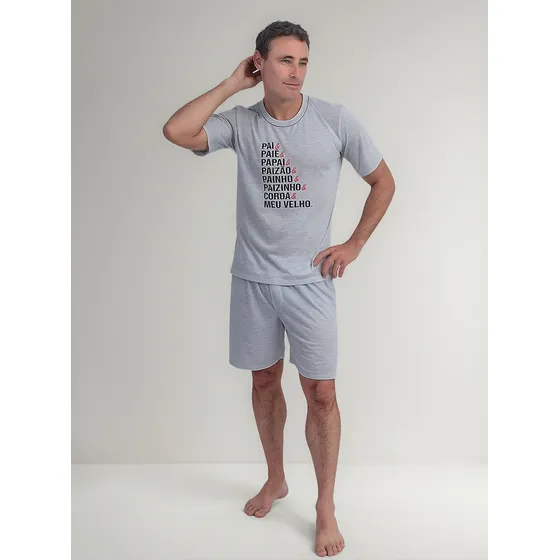 Pijama Masculino Pai Papai Curto Malha Mescla