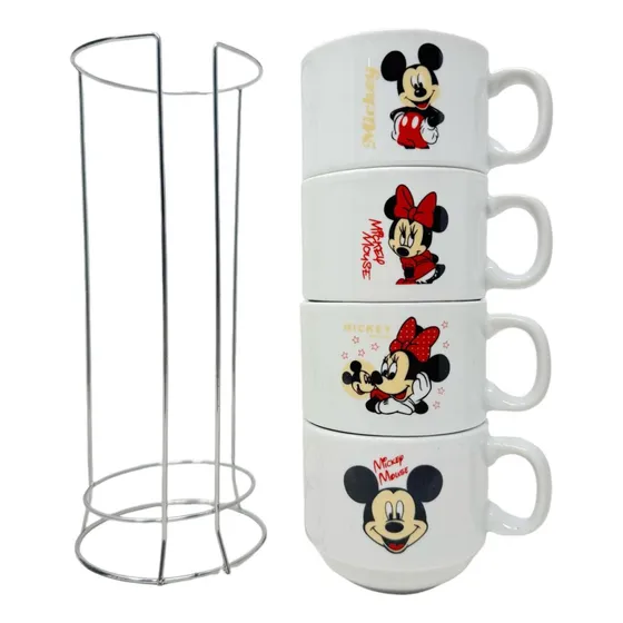 Set De 4 Tazas De Mickey Y Minnie Chicas Con Soporte