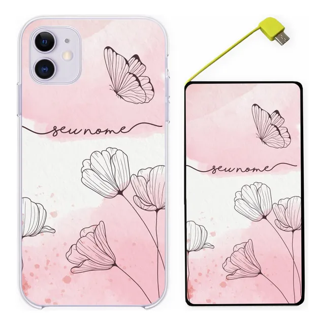 Capinha Com Nome Jardim Floral + Carregador Portátil 5.000